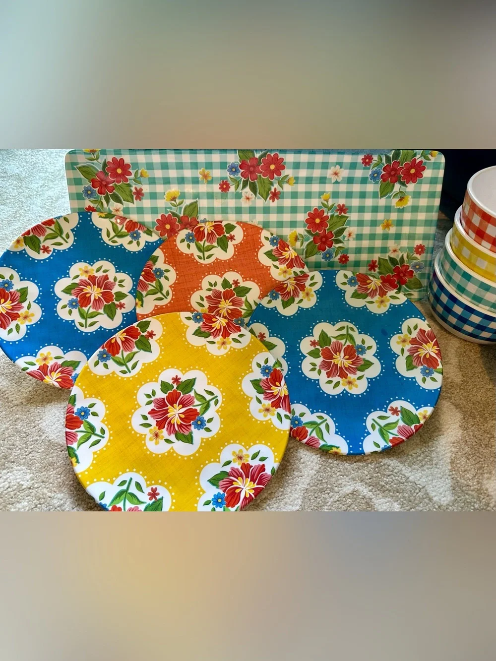 Nancy Green Floral Gingham Melamine Dinnerware Set - Blue & Multi-Color see pics